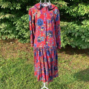 vintage dress dark floral  90s cottage core red blue rose print western farmcore